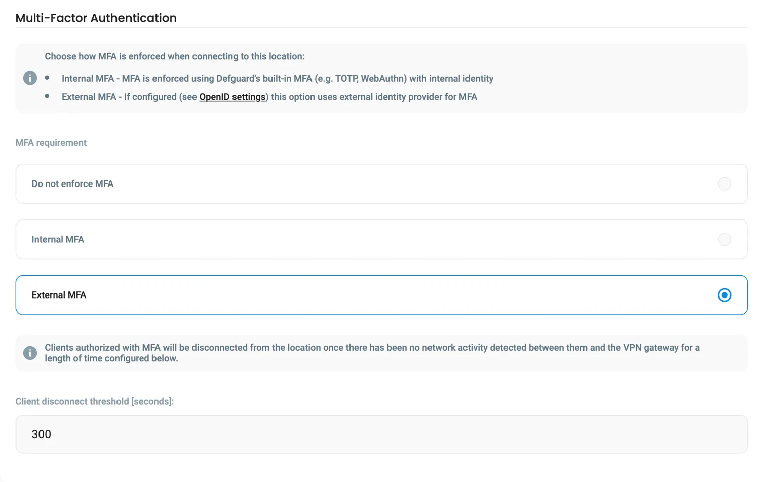Screenshot of the Defguard interface showing options for enforcing Multi-Factor Authentication (MFA), with the "External MFA" option selected.