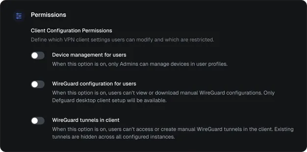 Client configuration permission toggles restricting device management, WireGuard configuration and tunnel creation to administrators