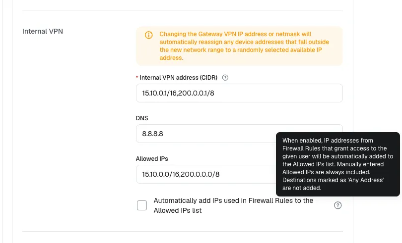 Location configuration with the option to automatically add IPs used in Firewall Rules to the Allowed IPs list