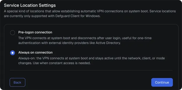 Service location settings with Always on connection selected, keeping the VPN connected from system boot