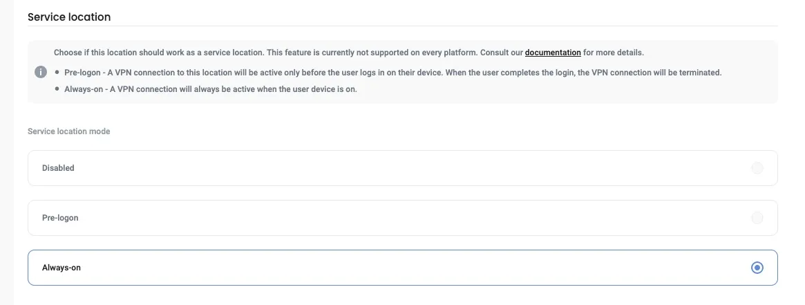 Service Location configuration panel showing Pre-logon and Always-on VPN modes
