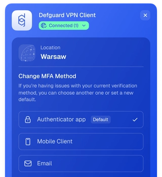 Defguard VPN Client desktop app, changing the MFA method for a connected VPN location