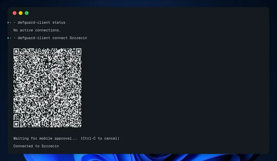 Terminal running defguard-client connect, showing a QR code rendered in the terminal, then Waiting for mobile approval and Connected