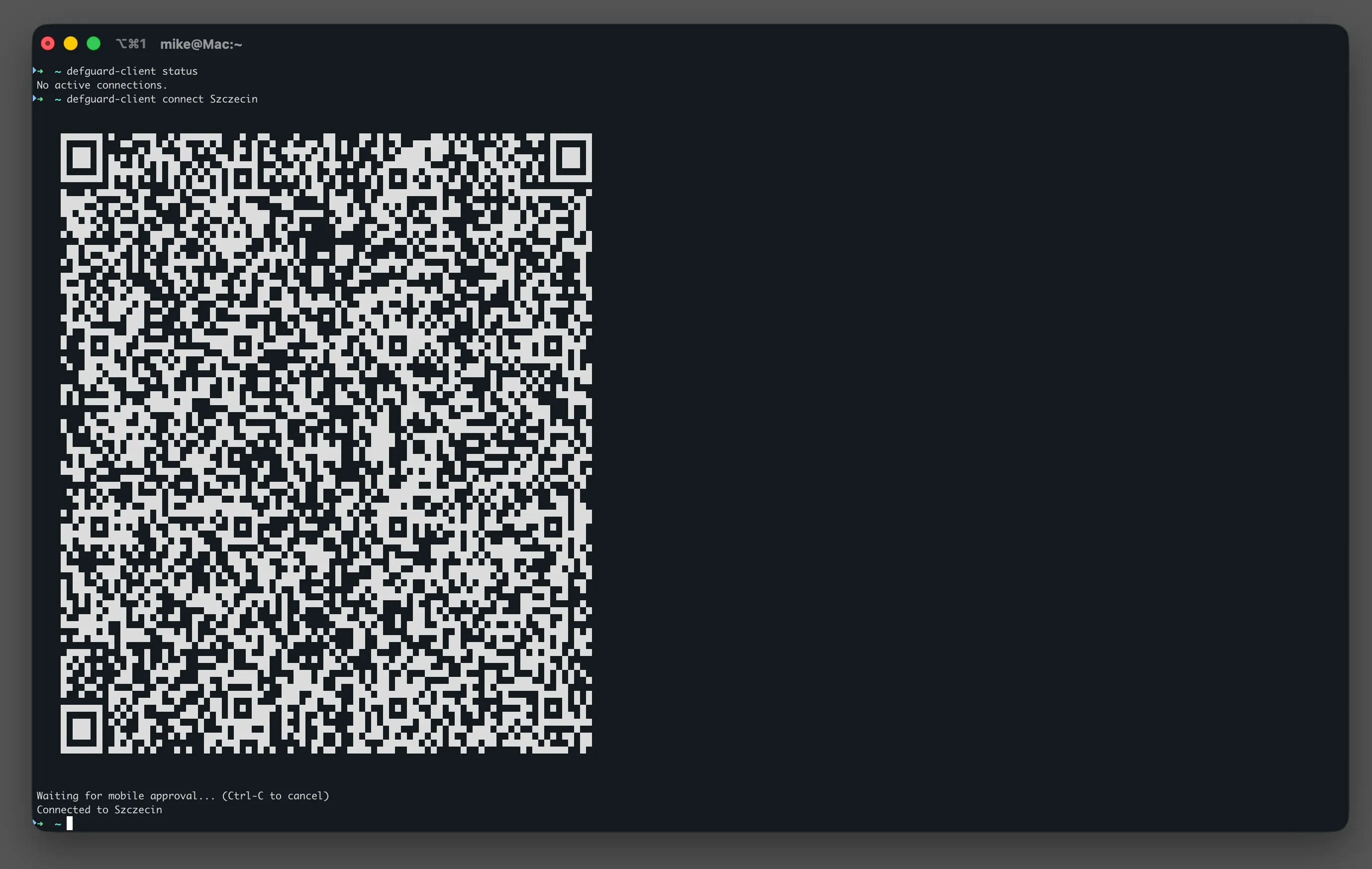 Terminal running defguard-client connect, showing a QR code rendered in the terminal, then Waiting for mobile approval and Connected