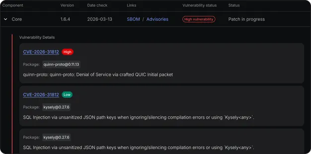 SBOM report for the Core component showing CVE vulnerability details, severity badges and patch status