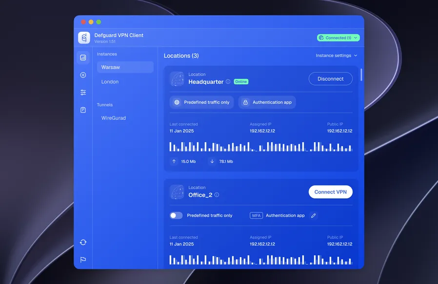 The redesigned Defguard VPN Client main window: instances and tunnels in the sidebar, and location cards with connection status, traffic policy, MFA method, assigned IPs and live transfer statistics
