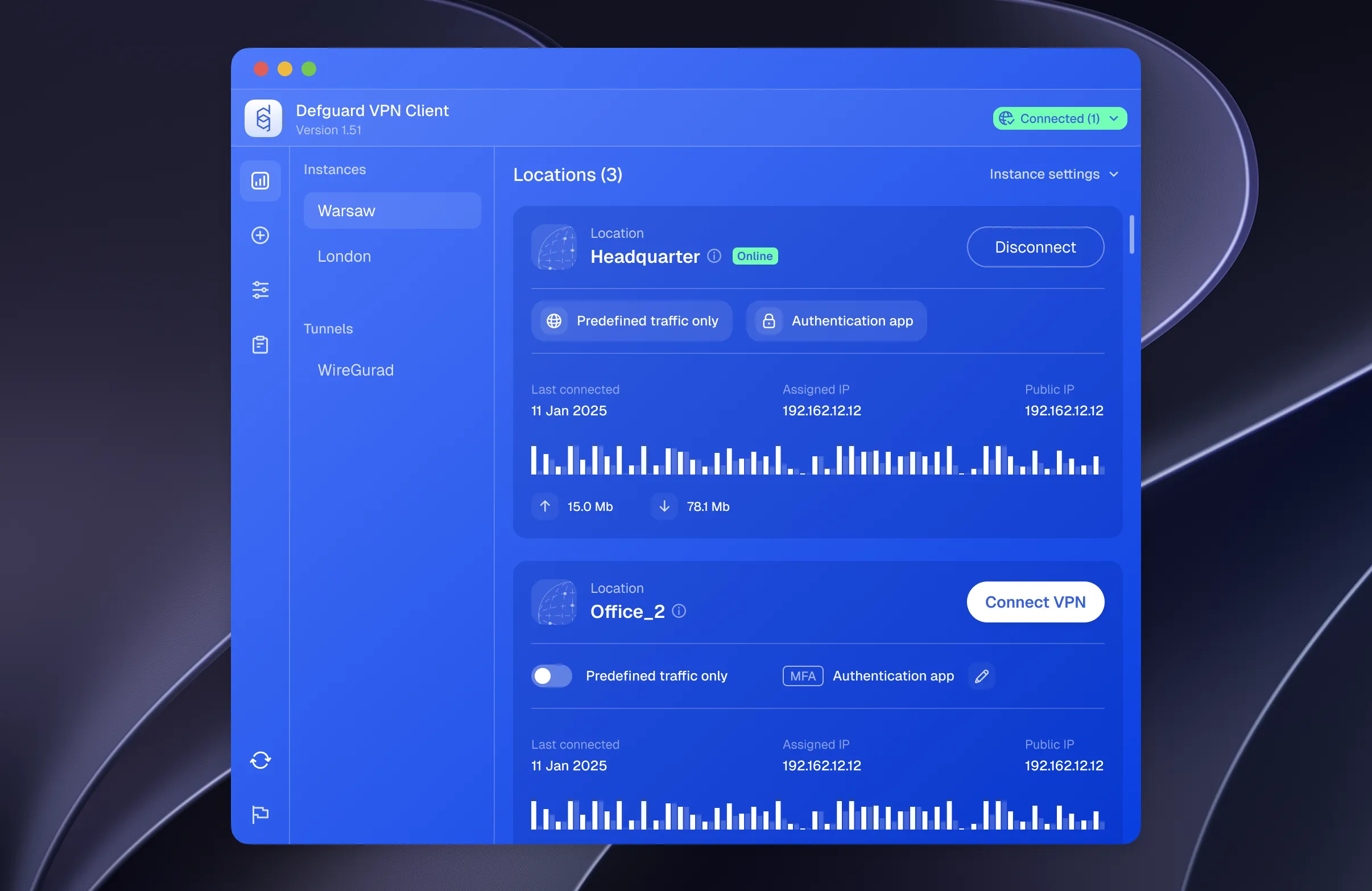 The redesigned Defguard VPN Client main window: instances and tunnels in the sidebar, and location cards with connection status, traffic policy, MFA method, assigned IPs and live transfer statistics