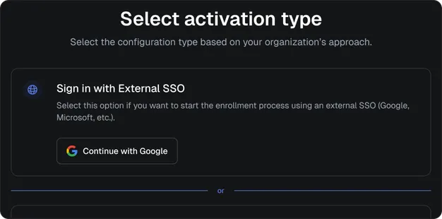 Enrollment activation screen offering sign-in with an external SSO provider such as Google or Microsoft