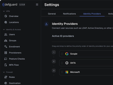 Defguard Identity Providers settings screen with Google, OKTA and Microsoft configured