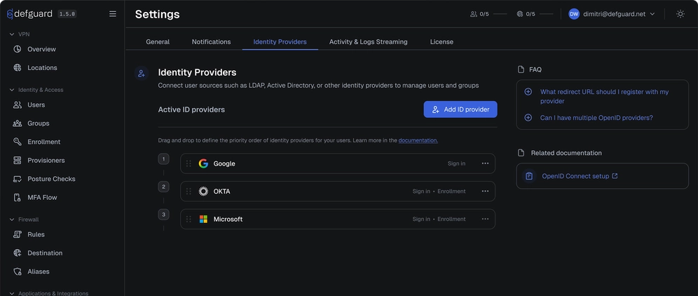 Defguard Identity Providers settings screen with Google, OKTA and Microsoft configured