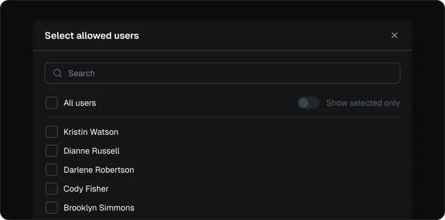 Select allowed users dialog with a searchable checkbox list of users to grant access to