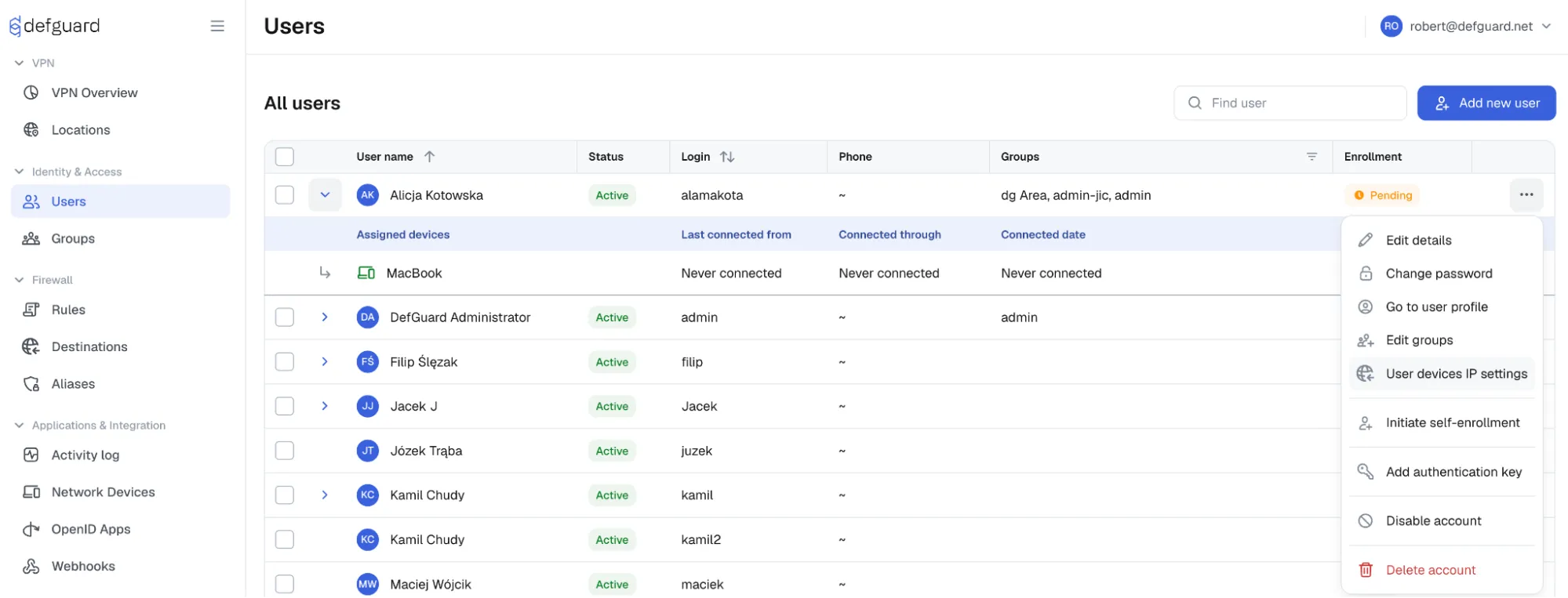 Static IP assignment for users