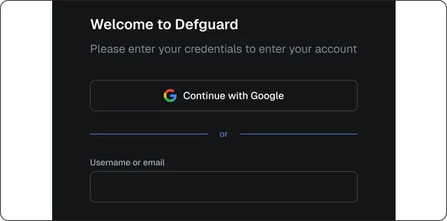 Defguard login screen offering Continue with Google alongside username and password fields