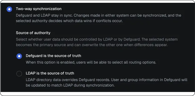 Two-way LDAP synchronisation settings with either Defguard or LDAP selectable as the source of truth