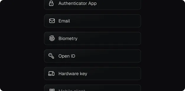 MFA method list offering authenticator app, email, biometry, OpenID, hardware key and mobile client