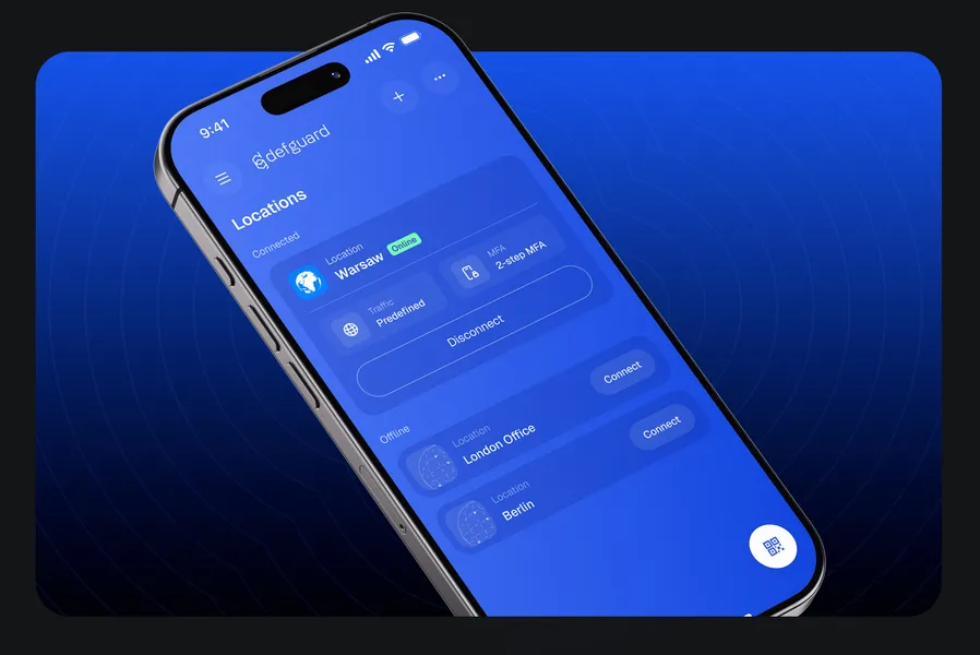 Redesigned Defguard Mobile Client showing the Locations screen with a connected Warsaw location, its 2-step MFA and predefined traffic, and two offline locations