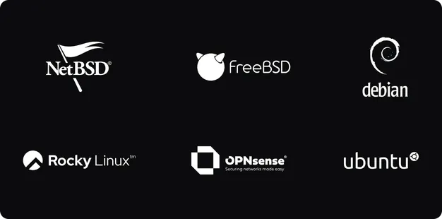 Logos of supported gateway platforms: NetBSD, FreeBSD, Debian, Rocky Linux, OPNsense and Ubuntu