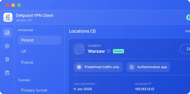 Defguard VPN Client listing instances for Poland, UK and France with the Warsaw location online