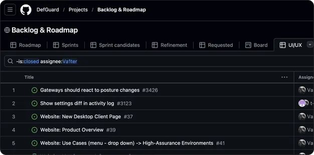 Public GitHub project board showing the Defguard backlog and roadmap with numbered issues