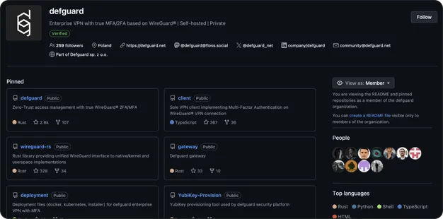 Defguard GitHub organisation page showing pinned public repositories including defguard, client, wireguard-rs and gateway