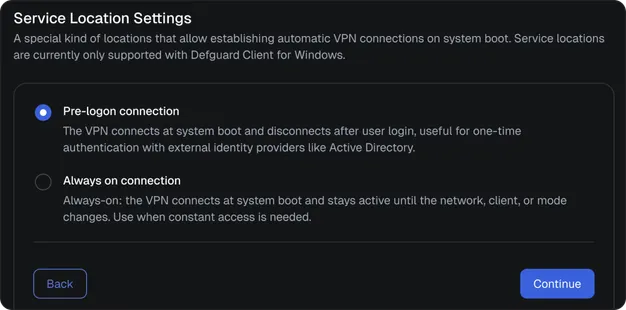 Service location settings with Pre-logon connection selected, disconnecting the VPN once the user logs in
