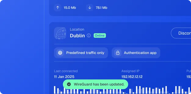 Defguard client connected to Dublin showing a WireGuard has been updated confirmation and a live throughput graph