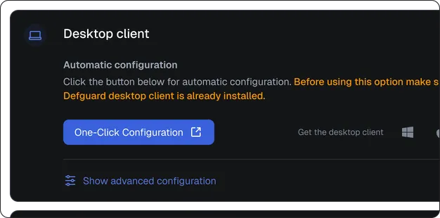 Desktop client automatic configuration step with a One-Click Configuration button