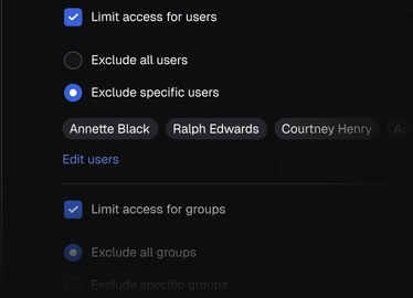 Restrictions panel limiting access for specific users and groups
