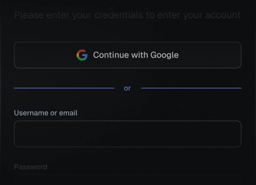 Login screen with Continue with Google and a username/password form