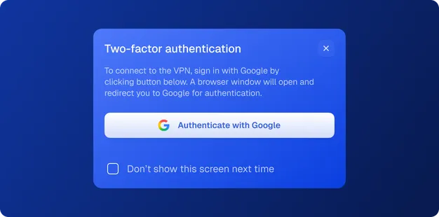 Two-factor authentication prompt requiring Google sign-in before the VPN connects