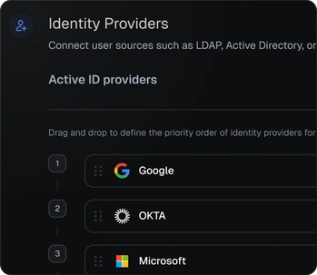 Identity Providers panel listing Google, OKTA and Microsoft as active ID providers