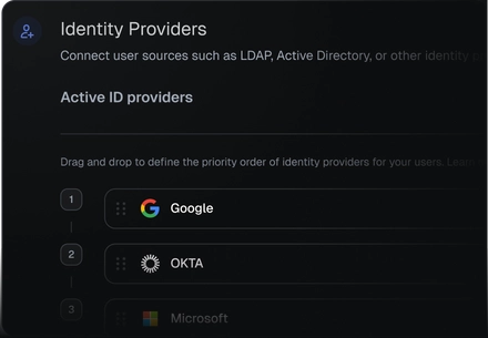 Identity Providers panel listing Google, OKTA and Microsoft as active ID providers