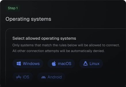 Defguard posture check editor, choosing the operating systems allowed to connect: Windows, macOS, Linux, iOS and Android