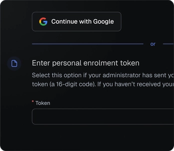 Enrollment screen with Continue with Google and a personal enrolment token field