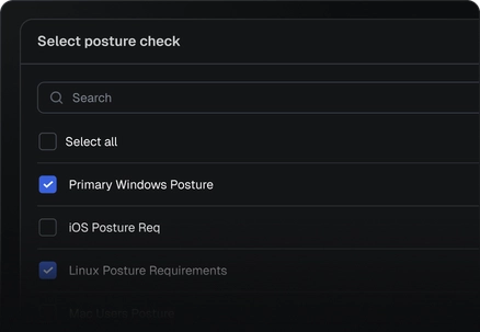 Selecting the posture checks for a VPN location, with Primary Windows Posture and Linux Posture Requirements selected