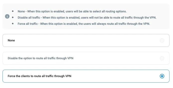 Client Traffic Policy settings for routing all traffic through VPN