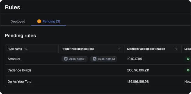 Firewall rules screen with a Pending tab listing three rules awaiting deployment