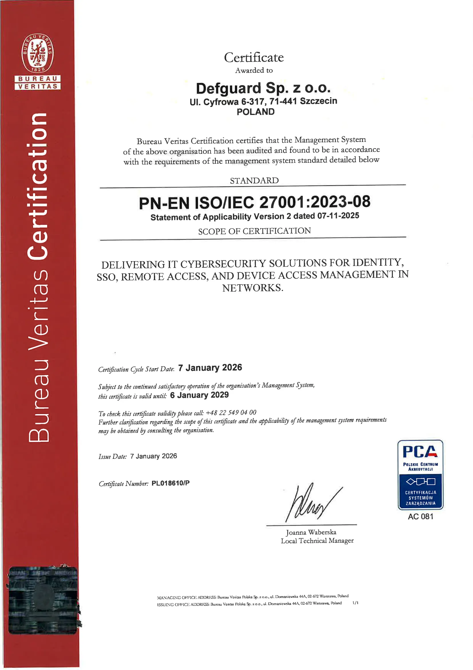 Defguard ISO 27001:2023-08 Certificate issued by Bureau Veritas Certification Polska - Certificate No. PL018610/P, Valid from 7 January 2026 to 6 January 2029