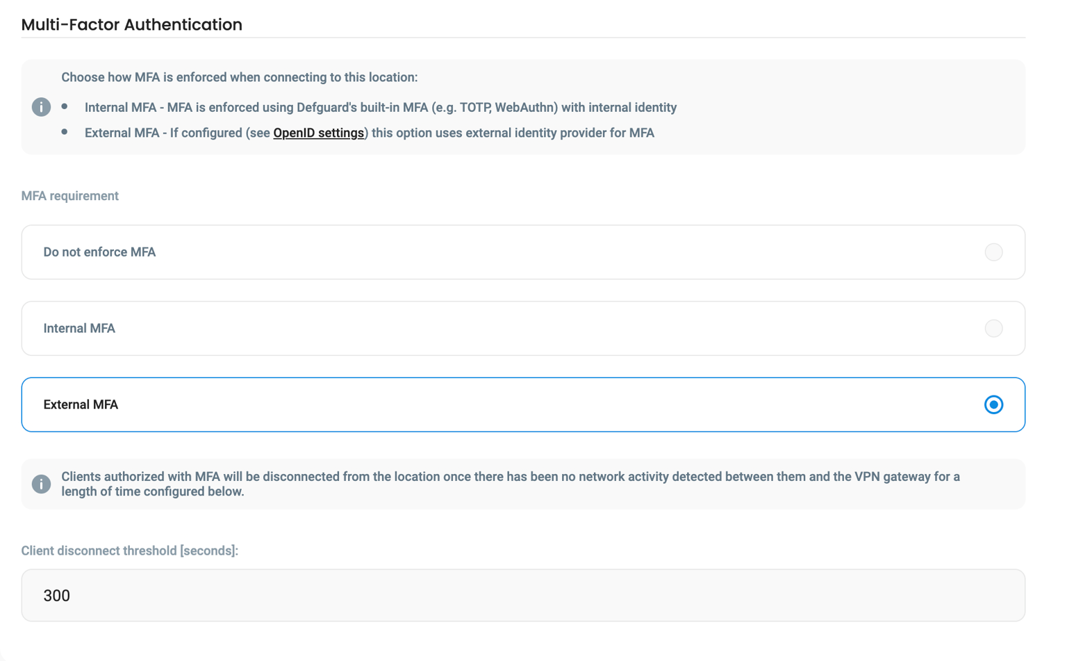 Screenshot of the Defguard interface showing options for enforcing Multi-Factor Authentication (MFA), with the "External MFA" option selected.
