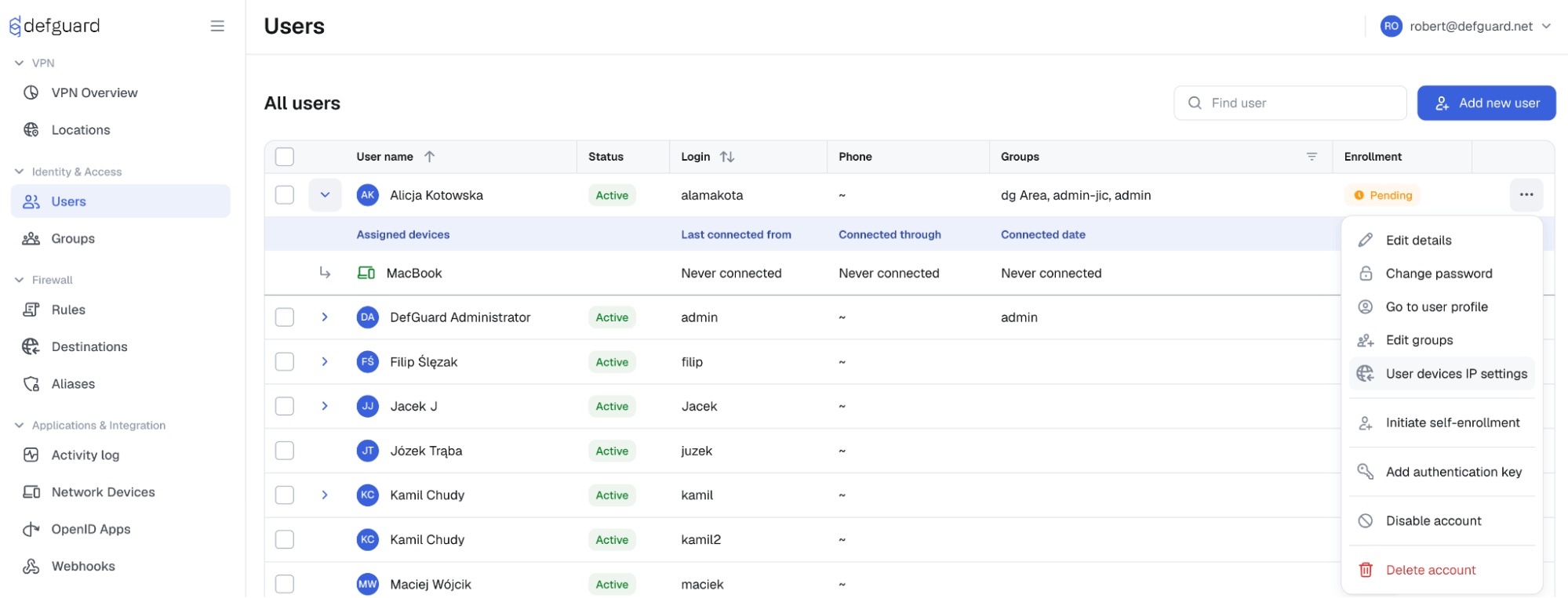 Static IP assignment for users