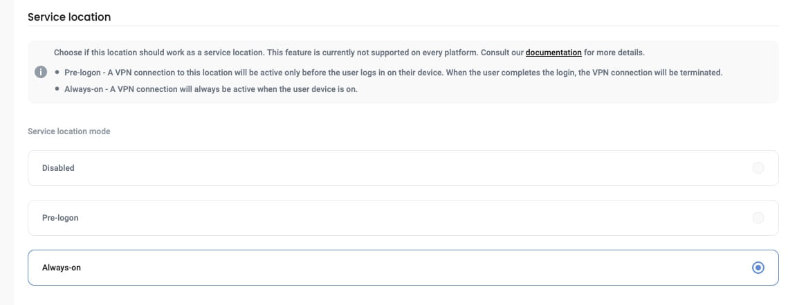 Service Location configuration panel showing Pre-logon and Always-on VPN modes