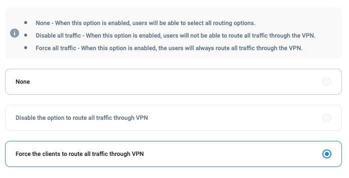 Client Traffic Policy settings for routing all traffic through VPN