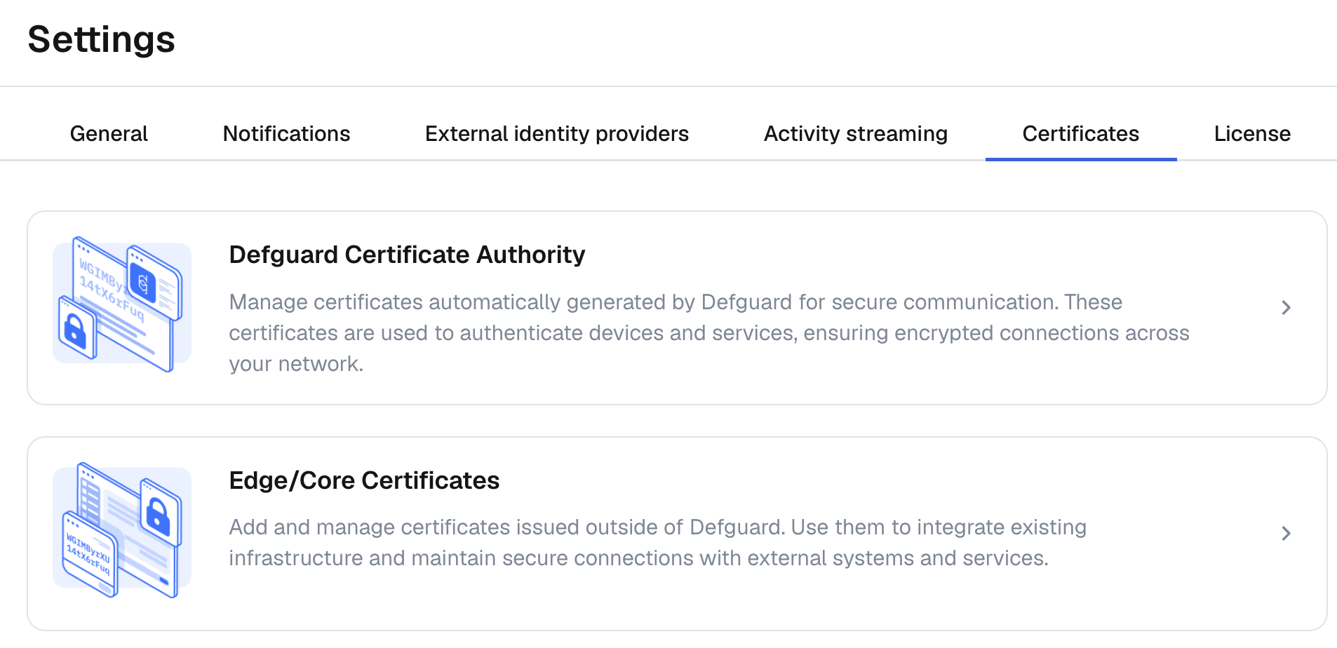 Certificate settings in Defguard 2.0 Beta 1